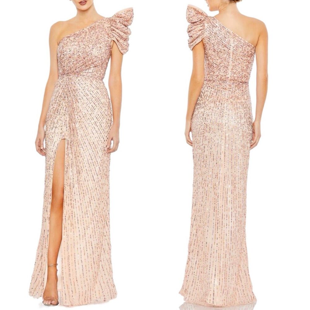 Mac Duggal Evening Gown Size 0 Embellished Puff One Shoulder Apricot Prom Gala